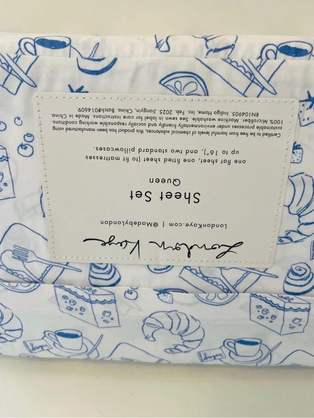 London Kaye Parisian Pastry Queen Size Sheet Set White Blue Coffee Croissant